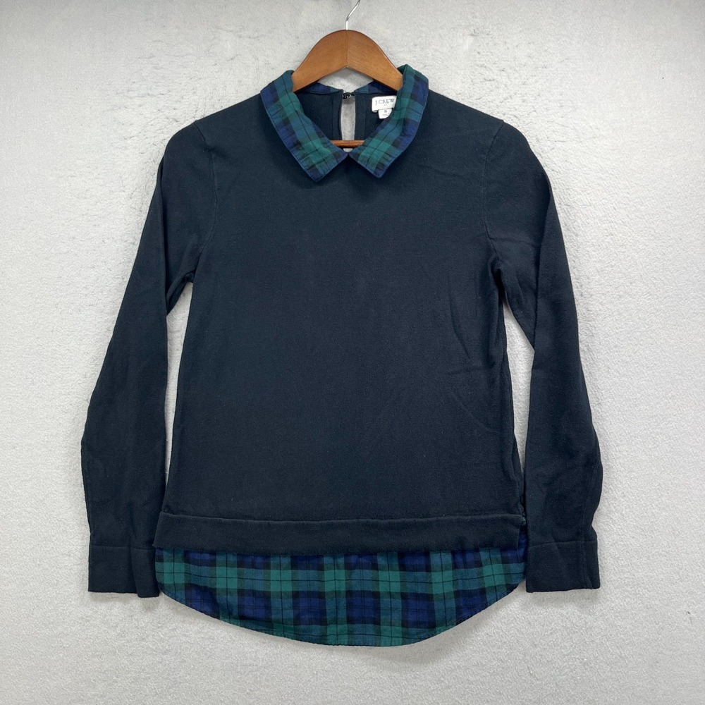 J Crew Sweater Womens S Black Watch Plaid Tartan Layer Pullover Minimalist Chic